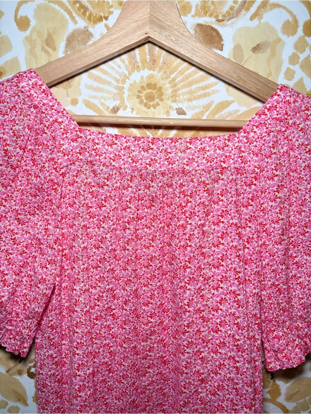 LOFT Pink Floral Puff Sleeve Blouse | Square Neck Feminine Cottagecore Top